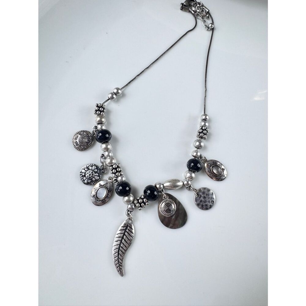 Boho Sterling Silver Charm Necklace with Black Beads